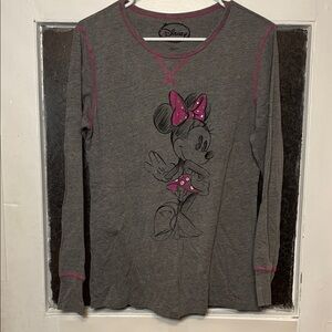 Disney Women’s Gray and Pink Minnie Mouse Long Sleeve Rhinestone Tshirt Size L
